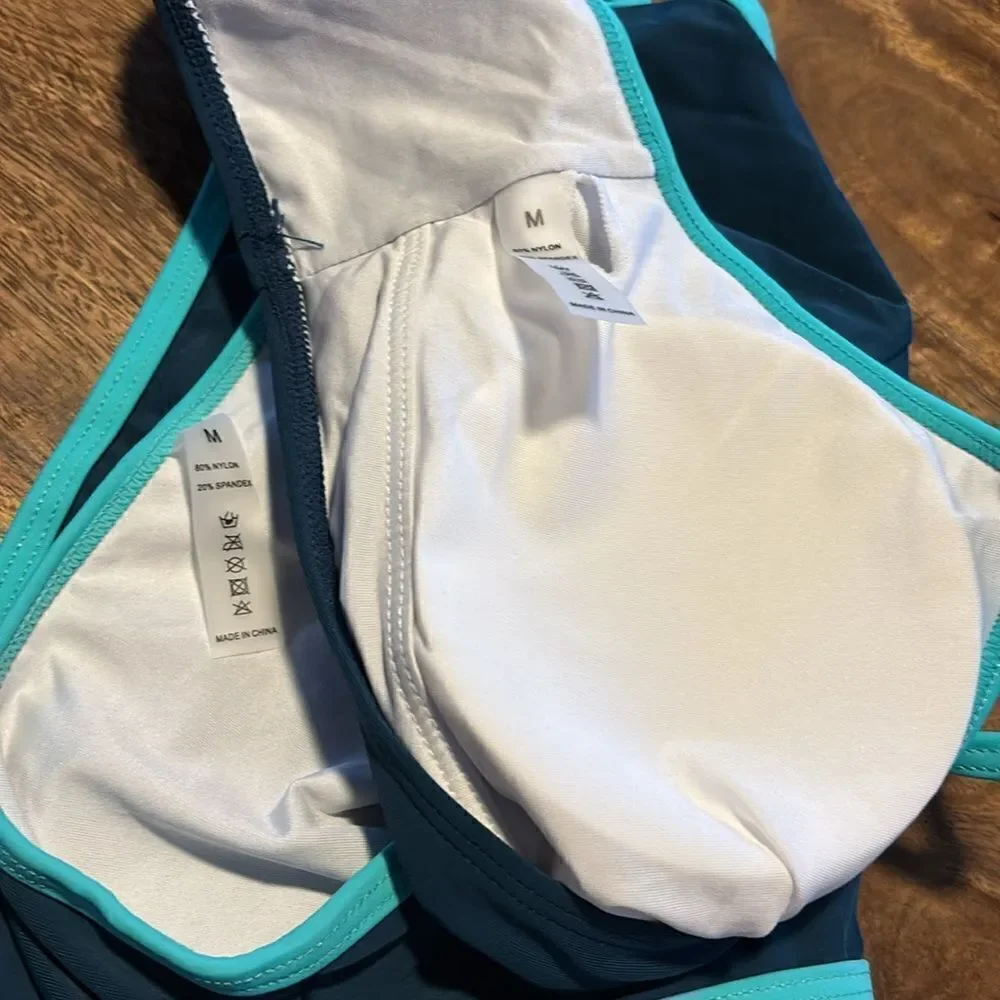 SUUKSESS High Waisted 2 Piece Cheeky High Cut Bandeau Swimsuit navy/aqua